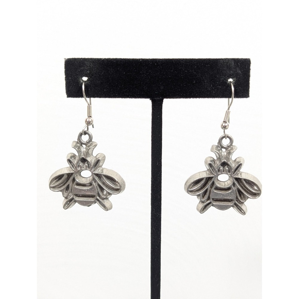 Vintage Ann Clark 1997 Pewter Bumble Bee Drop Pierced Earrings Charm Signed